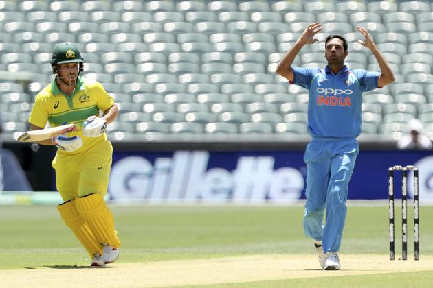 India's Bhuvneshwar Kumar, right, reacts during their one day international cricket match against Australia in Adelaide. (AP)