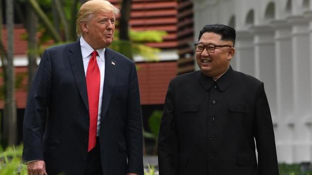 Kim and Trump held a historic meeting in Singapore on June 12 last year where they issued a vague goal for the “complete denuclearisation” of the Korean Peninsula without describing when and how it would occur. (AFP) Kim and Trump held a historic meeting in Singapore on June 12 last year where they issued a vague goal for the “complete denuclearisation” of the Korean Peninsula without describing when and how it would occur. (AFP)