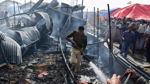 Earlier on Monday, a fire broke out in Sector 13 of the sprawling Kumbh complex due to an explosion in a cooking gas cylinder at the ‘Digambar Akhada’ camp, destroying a large part of the tented area but no loss of life was reported. (PTI) Earlier on Monday, a fire broke out in Sector 13 of the sprawling Kumbh complex due to an explosion in a cooking gas cylinder at the ‘Digambar Akhada’ camp, destroying a large part of the tented area but no loss of life was reported. (PTI)