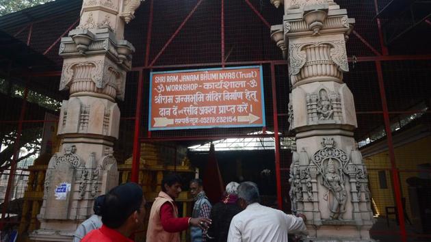 Devotees stand outside a Ram temple. But Hindu hardliners are impatient. Some feel Modi has not done enough to raise the shrine and are urging him to use his majority in parliament to bypass the courts with legislation and get construction moving. “We have waited for too long for this,” said Shekhar, as he admired a wooden miniature of the proposed temple. (Sanjay Kanojia / AFP) Devotees stand outside a Ram temple. But Hindu hardliners are impatient. Some feel Modi has not done enough to raise the shrine and are urging him to use his majority in parliament to bypass the courts with legislation and get construction moving. “We have waited for too long for this,” said Shekhar, as he admired a wooden miniature of the proposed temple. (Sanjay Kanojia / AFP)