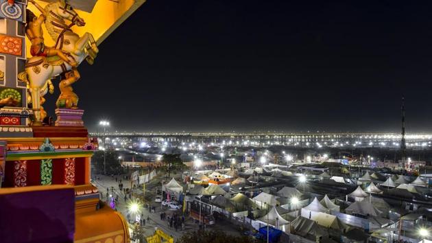 A tent city has sprung up along the river, pilgrims camped out across a 45-square kilometre zone specially earmarked for the Kumbh. For this year’s Kumbh the government shelled out an estimated 4.3 billion rupees --the budget supplying thousands of toilets and urinals, dormitories, hundreds of water stations, as well as police, hospitals, pharmacies and fire and ambulance services. (Ravi Choudhary / PTI) A tent city has sprung up along the river, pilgrims camped out across a 45-square kilometre zone specially earmarked for the Kumbh. For this year’s Kumbh the government shelled out an estimated 4.3 billion rupees --the budget supplying thousands of toilets and urinals, dormitories, hundreds of water stations, as well as police, hospitals, pharmacies and fire and ambulance services. (Ravi Choudhary / PTI)