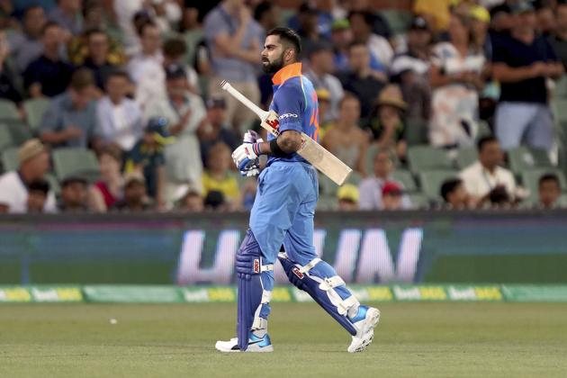India's Virhat Kohli loses his wicket during their one day international cricket match against Australia in Adelaide. (AP)