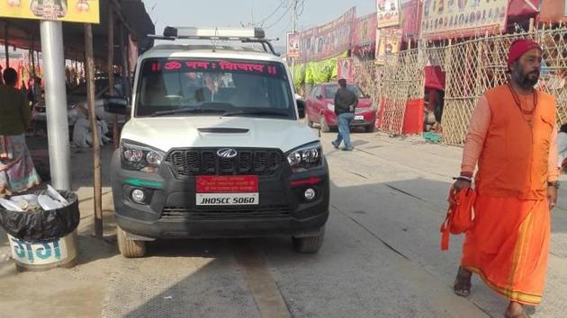 One of the swanky, high-end vehicles used by top seers camping at the Sangam in Prayagraj for the Kumbh Mela(HT Photo)