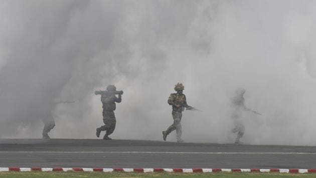 In his address, Gen. Rawat extensively talked about the situation in Jammu and Kashmir and said India’s neighbour on the western border continues to support terror groups operating in the state. “Our forces are giving a befitting reply to our enemies along the Line of Control... We will not hesitate in carrying out strong action against any inimical action,” he said. (Vipin Kumar / HT Photo) In his address, Gen. Rawat extensively talked about the situation in Jammu and Kashmir and said India’s neighbour on the western border continues to support terror groups operating in the state. “Our forces are giving a befitting reply to our enemies along the Line of Control... We will not hesitate in carrying out strong action against any inimical action,” he said. (Vipin Kumar / HT Photo)