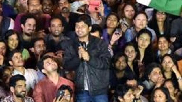 File photo of former JNUSU president Kanhaiya Kumar who has been charged with sedition for raising ‘anti-India slogans’ at an event in JNU campus on Feb 9, 2016.(PTI File)