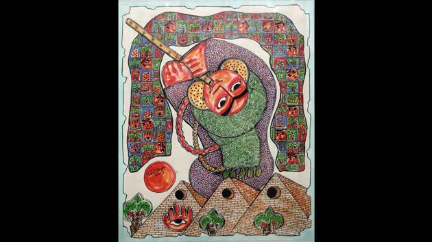 A painting shows a man playing a flute. The Khamsa palm, unibrowed or large moustachioed men, animals that may be found running free at any village farm or the Pyramids –these are other traditionally Egyptian icons continually feature in el-Shark’s art. (Mohamed Abd El Ghany / REUTERS)