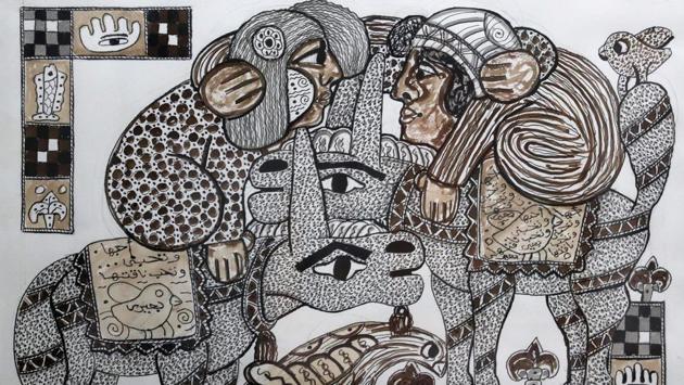 A painting by Hassan el-Shark, depicts local animals and residents presented at a gallery in Minya Governorate. Scenes from the everyday life of rural Egypt feature heavily in the work of the self taught el-Shark. (Mohamed Abd El Ghany / REUTERS)