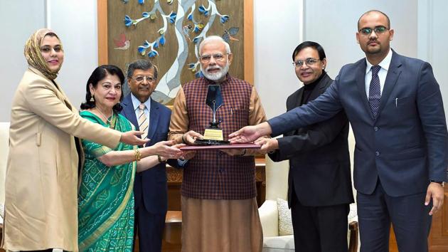Prime Minister Narendra Modi receives the first-ever Philip Kotler Presidential award, in New Delhi on Monday.(PTI file photo)