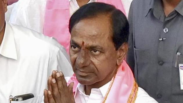 Telangana Rashtra Samithi (TRS) chief K Chandrasekhar Rao. Three members of the legislative council (MLCs), who defected from Telangana Rashtra Samithi to Congress before the recent assembly elections, were disqualified from their membership on Wednesday.(PTI)