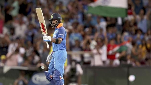 India's Virhat Kohli celebrates his 100 against Australia during their one day international cricket match in Adelaide, Australia, Tuesday, Jan. 15, 2019. (AP Photo/James Elsby)(AP)