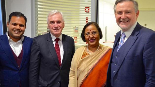 (L-R) Rajesh Agarwal, deputy mayor of London; John McDonnell, shadow chancellor; Ruchi Ghanshyam, Indian high commissioner; and Barry Gardiner, shadow international trade secretary, at the relaunch event of Labour Friends of India in London on Wednesday.(HT Photo)