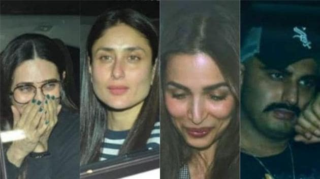 Karisma Kapoor, Kareena Kapoor, Malaika Arora and Arjun Kapoor at Karan Johar’s party in Mumbai.(Viral Bhayani)