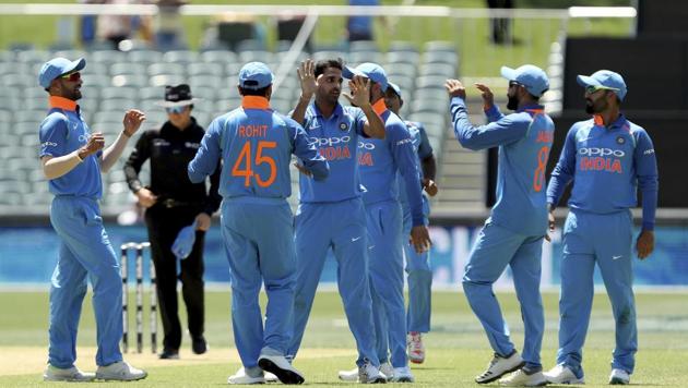 India's Bhuvneshwar Kumar, center, celebrates the wicket of Australia's Aaron Finch during their one day international cricket match in Adelaide (AP) India's Bhuvneshwar Kumar, center, celebrates the wicket of Australia's Aaron Finch during their one day international cricket match in Adelaide (AP)