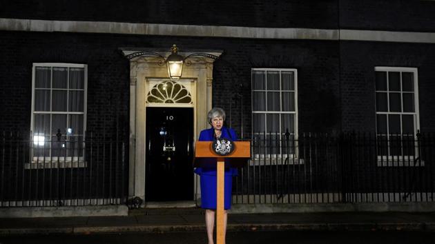 Britain's Prime Minister Theresa May makes a statement following winning a confidence vote, after Parliament rejected her Brexit deal, outside 10 Downing Street in London, Britain, January 16, 2019.(REUTERS)