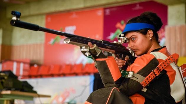 G Varshaa of Tamil Nadu won gold in U-21 50 m Rifle 3 Positions Women Junior event at Khelo India Youth Games 2019, at Shiv Chhatrapati sports complex, Balewadi on Wednesday. (SANKET WANKHADE/HT PHOTO) 