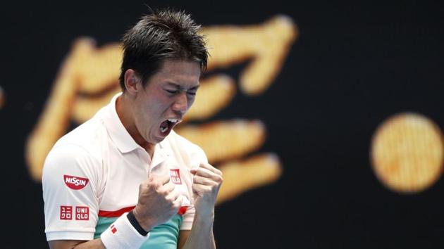 Japan's Kei Nishikori celebrates winning the match against Croatia's Ivo Karlovic(REUTERS)
