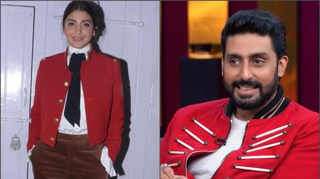 Abhishek Bachchan in the latest episode of Koffee With Karan Season 6 wore a red guard jacket. Anushka Sharma was seen sporting the guard jacket recently at a promotional event for her film Zero.(Anushka’s pic (Viral Bhayani), Abhishek’s pic from YouTube)