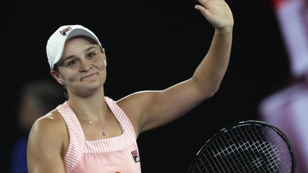 Australia's Ashleigh Barty celebrates after defeating Greece's Maria Sakkari during their third round match at the Australian Open tennis championships in Melbourne.(AP)