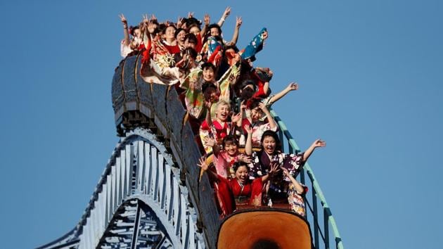 Japanese women wearing kimonos ride a roller coaster during their Coming of Age Day celebration ceremony at Toshimaen amusement park in Tokyo, Japan. (Issei Kato / REUTERS) Japanese women wearing kimonos ride a roller coaster during their Coming of Age Day celebration ceremony at Toshimaen amusement park in Tokyo, Japan. (Issei Kato / REUTERS)