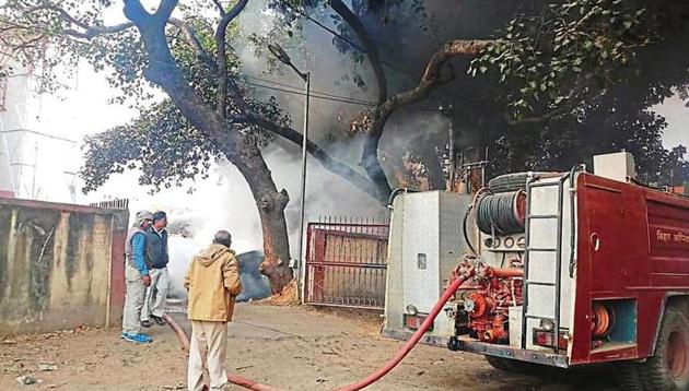 Fire fighters put out the fire at Ramgarh police station on Friday (Hindustan Times) Fire fighters put out the fire at Ramgarh police station on Friday (Hindustan Times)