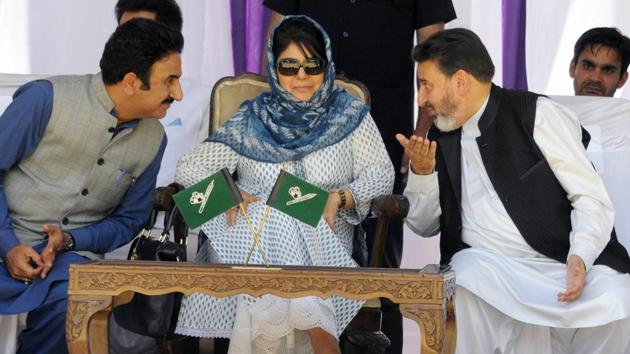 Jammu and Kashmir’s then Chief Minister Mehbooba Mufti flanked by Finance Minister Altaf Bukhari (right) and PDP General Secretary Peer Mansoor during a party worker's rally, in Srinagar, on Sunday, June 03, 2018. Bukhari was expelled from the PDP on Saturday, January 19, 2019, for ‘anti-party activity’ (File Photo)(PTI) Jammu and Kashmir’s then Chief Minister Mehbooba Mufti flanked by Finance Minister Altaf Bukhari (right) and PDP General Secretary Peer Mansoor during a party worker's rally, in Srinagar, on Sunday, June 03, 2018. Bukhari was expelled from the PDP on Saturday, January 19, 2019, for ‘anti-party activity’ (File Photo)(PTI)