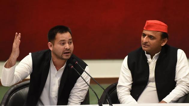 Rashtriya Janata Dal leader Tejashwi Yadav speaks during a joint press conference with Samajwadi Party President Akhilesh Yadav where the former backed SP’s poll alliance with the Bahujan Samaj Party, at SP office, in Lucknow, Uttar Pradesh. (Subhankar Chakraborty / HT Photo) Rashtriya Janata Dal leader Tejashwi Yadav speaks during a joint press conference with Samajwadi Party President Akhilesh Yadav where the former backed SP’s poll alliance with the Bahujan Samaj Party, at SP office, in Lucknow, Uttar Pradesh. (Subhankar Chakraborty / HT Photo)
