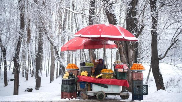 A Kashmiri fruit vendor waits for customers during a snowfall on the outskirts of Srinagar, Jammu and Kashmir. (Tauseef Mustafa / AFP) A Kashmiri fruit vendor waits for customers during a snowfall on the outskirts of Srinagar, Jammu and Kashmir. (Tauseef Mustafa / AFP)