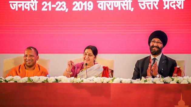 UP Chief Minister Yogi Adityanath and External Affairs Minister Sushma Swaraj at the 15th Pravasi Bhartiya Divas, in Varanasi. “It is projected that India will be the source of skilled manpower to the world by 2022. Our Skill India initiative is aimed towards making India ready to become the Skill capital of the world by 2022,” Union minister of external affairs Sushma Swaraj said during the ceremony. (MEA Photo / PTI) UP Chief Minister Yogi Adityanath and External Affairs Minister Sushma Swaraj at the 15th Pravasi Bhartiya Divas, in Varanasi. “It is projected that India will be the source of skilled manpower to the world by 2022. Our Skill India initiative is aimed towards making India ready to become the Skill capital of the world by 2022,” Union minister of external affairs Sushma Swaraj said during the ceremony. (MEA Photo / PTI)