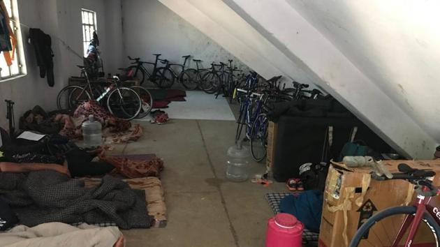 Players of the Rajasthan cycling team which is training for the upcoming national championships rest in the store room of the SMS stadium in Jaipur. The players have been asked to vacate the velodrome for Republic Day parade. (HT Photo) Players of the Rajasthan cycling team which is training for the upcoming national championships rest in the store room of the SMS stadium in Jaipur. The players have been asked to vacate the velodrome for Republic Day parade. (HT Photo)