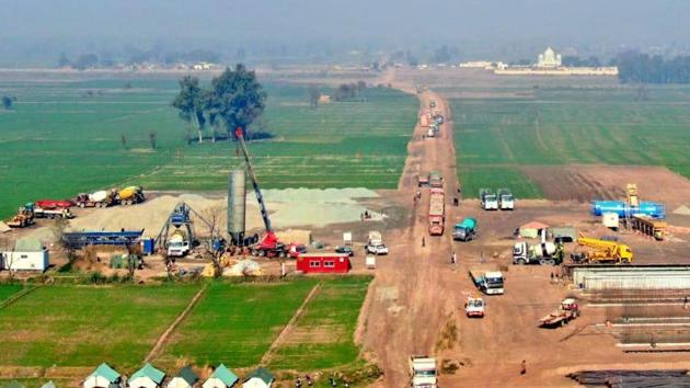 Construction work going on in full swing on Pakistan side of Kartarpur Sahib corridor, in Narowal district of west Punjab. In the backdrop is the gurdwara. (HT File Photo)