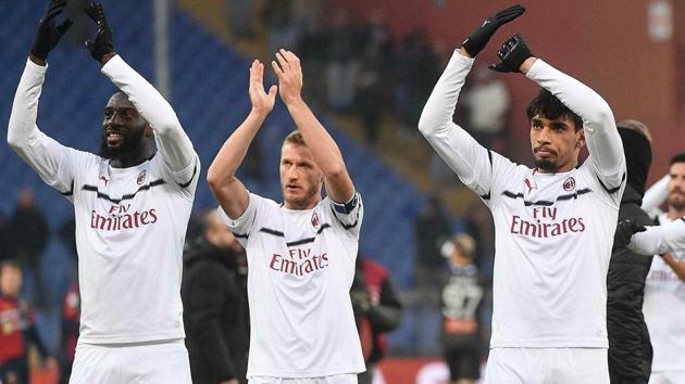 AC Milan's Tiemoue Bakayoko, Ignazio Abate and Lucas Paqueta applaud fans at the end of the Serie A match against Genoa CFC. (AP) AC Milan's Tiemoue Bakayoko, Ignazio Abate and Lucas Paqueta applaud fans at the end of the Serie A match against Genoa CFC. (AP)