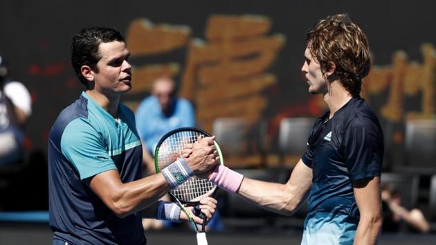 Canada’s Milos Raonic shakes hands with Germany's Alexander Zverev after their match(REUTERS)