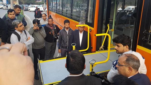 The Delhi government, on Monday, January 21, 2019, finalised two prototypes of disabled-friendly standard-floor buses to be introduced in the cluster model.(HT Photo)