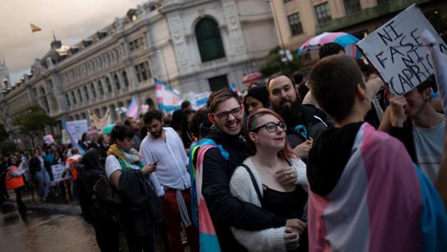 Gabriel Diaz de Tudanca and his girlfriend Ruth take part in a protest to stop transgender pathologization on October 20, 2018. Diaz de Tudanca is now accepted socially as a man, although he has received rejection from some. One childhood male friend said he would not consider him a man as he didn’t have a penis.”The hate and intolerance of others comes from ignorance about trans people,” he said. (Susana Vera / REUTERS) Gabriel Diaz de Tudanca and his girlfriend Ruth take part in a protest to stop transgender pathologization on October 20, 2018. Diaz de Tudanca is now accepted socially as a man, although he has received rejection from some. One childhood male friend said he would not consider him a man as he didn’t have a penis.”The hate and intolerance of others comes from ignorance about trans people,” he said. (Susana Vera / REUTERS)