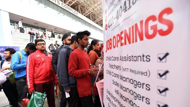 Candidates at 'Job Fair' organized by Directorate of Employment, Delhi Government at Tyagraj Sports Complex in New Delhi, on Monday, January 21, 2019.(Amal KS/HT Photo)