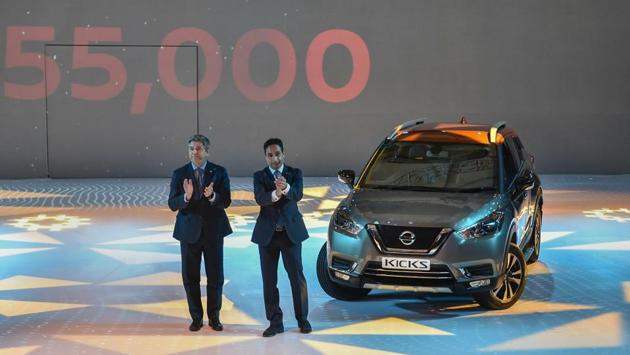 Nissan India Operations President Thomas Kuehl and Nissan Motor Company Ltd vice-president Peyman Kargar during the launch of the new SUV ‘Kicks’ in New Delhi. (Ravi Choudhary / AP) Nissan India Operations President Thomas Kuehl and Nissan Motor Company Ltd vice-president Peyman Kargar during the launch of the new SUV ‘Kicks’ in New Delhi. (Ravi Choudhary / AP)
