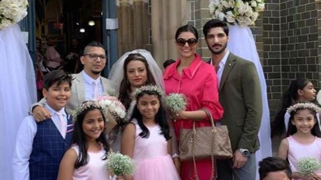 Actor Sushmita Sen with daughter Alisah, boyfriend Rohman Shawl and the bride and groom.