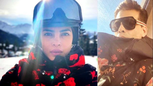 Karan Johar wore a floral-filled Moncler jacket reminiscent of Priyanka Chopra’s Switzerland vacation look. (Instagram)