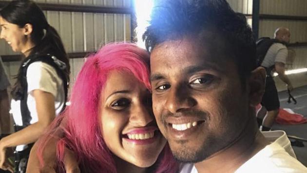 This photo obtained from Facebook posted on June 26, 2017, shows a selfie of Vishnu Viswanath, right, and his wife Meenakshi Moorthy at Skydive Santa Barbara in Lompoc, California. (AP Photo) This photo obtained from Facebook posted on June 26, 2017, shows a selfie of Vishnu Viswanath, right, and his wife Meenakshi Moorthy at Skydive Santa Barbara in Lompoc, California. (AP Photo)