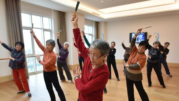 Residents taking a dance class. At Yanyuan, which is run by insurance giant Taikang, residents can either buy into the company’s two million yuan ($290,000) pension plan or make a down payment of one to two million yuan ($145,000 to $290,000) on top of monthly living expenses of at least 6,000 yuan ($870), not including the food budget. (Greg Baker / AFP) Residents taking a dance class. At Yanyuan, which is run by insurance giant Taikang, residents can either buy into the company’s two million yuan ($290,000) pension plan or make a down payment of one to two million yuan ($145,000 to $290,000) on top of monthly living expenses of at least 6,000 yuan ($870), not including the food budget. (Greg Baker / AFP)