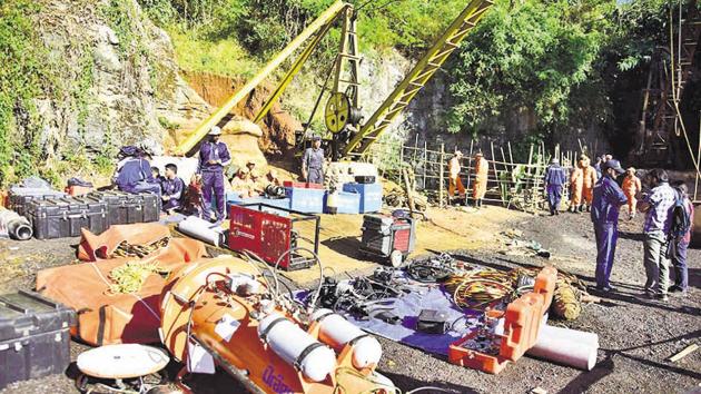 A team of 11 Navy divers with their equipments at the coal mine East Jaintia Hills district of Meghalaya.(PTI)