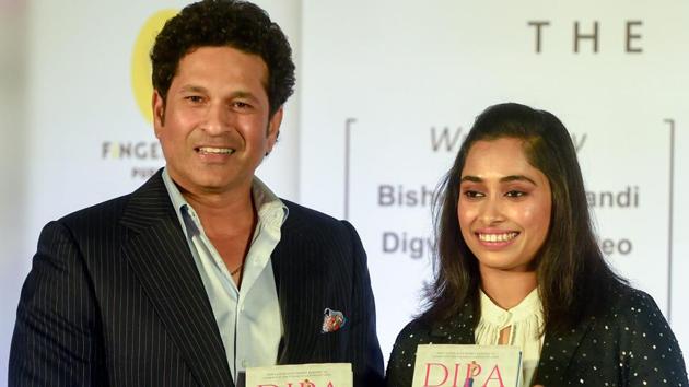 Sachin Tendulkar with gymnast Dipa Karmakar during the book launch of 'Dipa Karmakar: The Small Wonder', in Mumbai.(PTI)