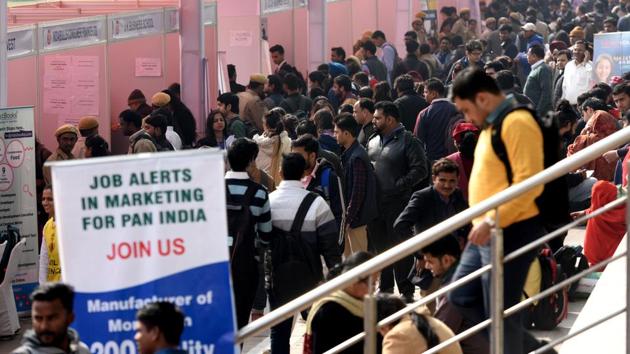 Candidates at the job fair organised by the Delhi Government, on Monday, January 21, 2019. (Amal KS /HT Phot o) Candidates at the job fair organised by the Delhi Government, on Monday, January 21, 2019. (Amal KS /HT Phot o)