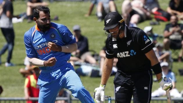 India's Mohammed Shami bowls out Martin Guptil and celebrates during the one day international between New Zealand and India in Napier, New Zealand, Wednesday, Jan. 23, 2019(AP)