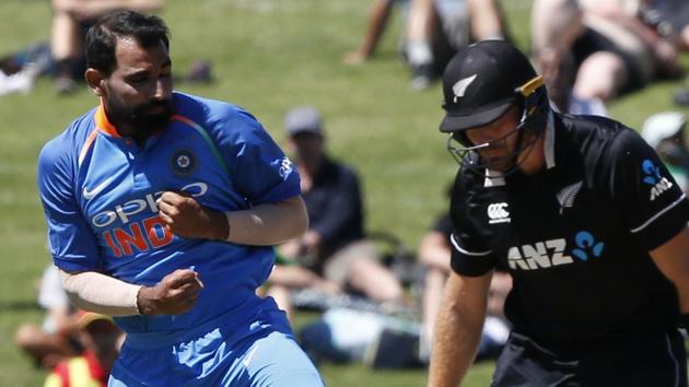 India's Mohammed Shami bowls out Martin Guptil and celebrates during the one day international between New Zealand and India in Napier. (AP) India's Mohammed Shami bowls out Martin Guptil and celebrates during the one day international between New Zealand and India in Napier. (AP)