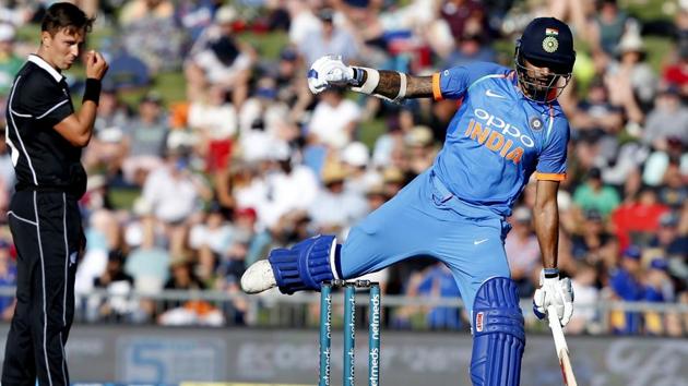 India's Shikhar Dhawan, right, appears to jump, watched by bowler Tim Southee. (AP) India's Shikhar Dhawan, right, appears to jump, watched by bowler Tim Southee. (AP)