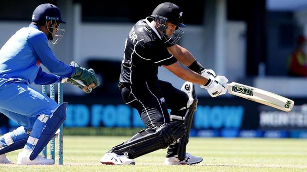 New Zealand's Ross Taylor, right, plays a shot with MS Dhoni watching. (AP) New Zealand's Ross Taylor, right, plays a shot with MS Dhoni watching. (AP)