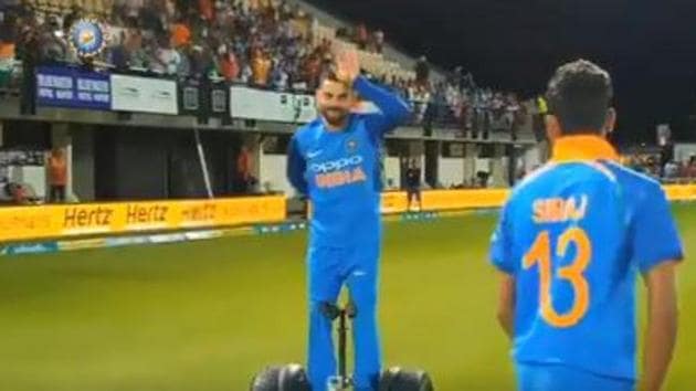 Screengrab of Virat Kohli on a segway after India’s win over New Zealand in the first ODI at Napier.(BCCI/Twitter)