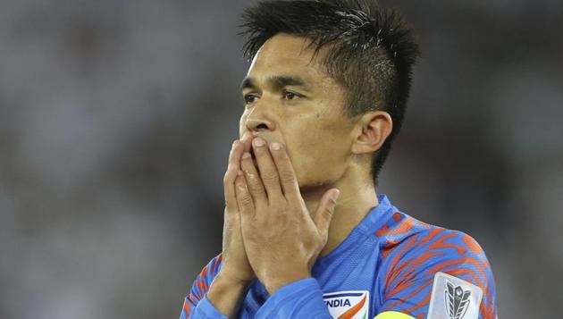 Sunil Chhetri gestures during the AFC Asian Cup group A match between United Arab Emirates and India.(AP)