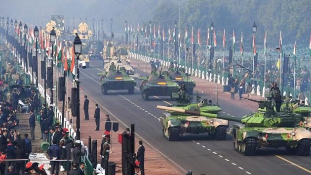 Indian Army T-90 Bhisma tanks march during the full dress rehearsal for the upcoming Republic Day parade in New Delhi on January 23, 2019.(AFP) Indian Army T-90 Bhisma tanks march during the full dress rehearsal for the upcoming Republic Day parade in New Delhi on January 23, 2019.(AFP)